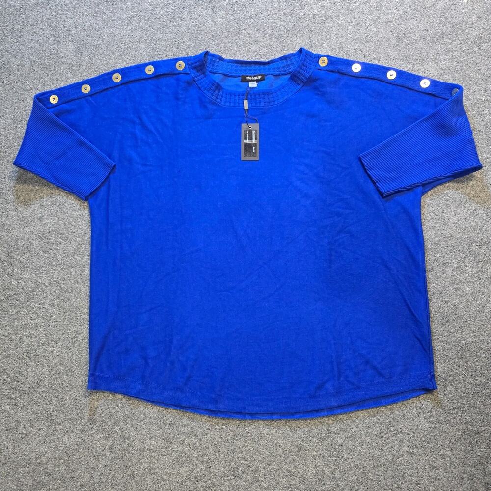 Cable Gauge Sweater Womens Size 3X Blue Button Sleeve Stretch Knit Casual Soft